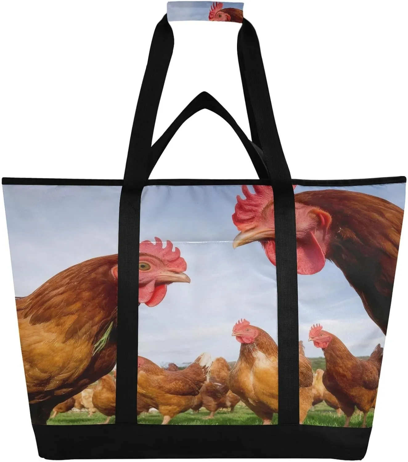 Funny Chicken Farm Reusable Insulated Lunchbox Cooler Bag, Leakproof Kitchen Grocery Bag Collapsible Portable Cooler Tote Bag for Picnic, Camping, Office, Travel