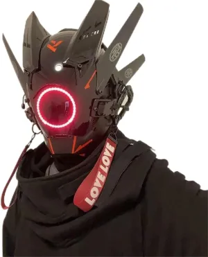 Futuristic Cyberpunk Techwear Helmet Cosplay Costume, Black & Red LED Face Mask for Halloween, Men, Women (B-H-C-M)