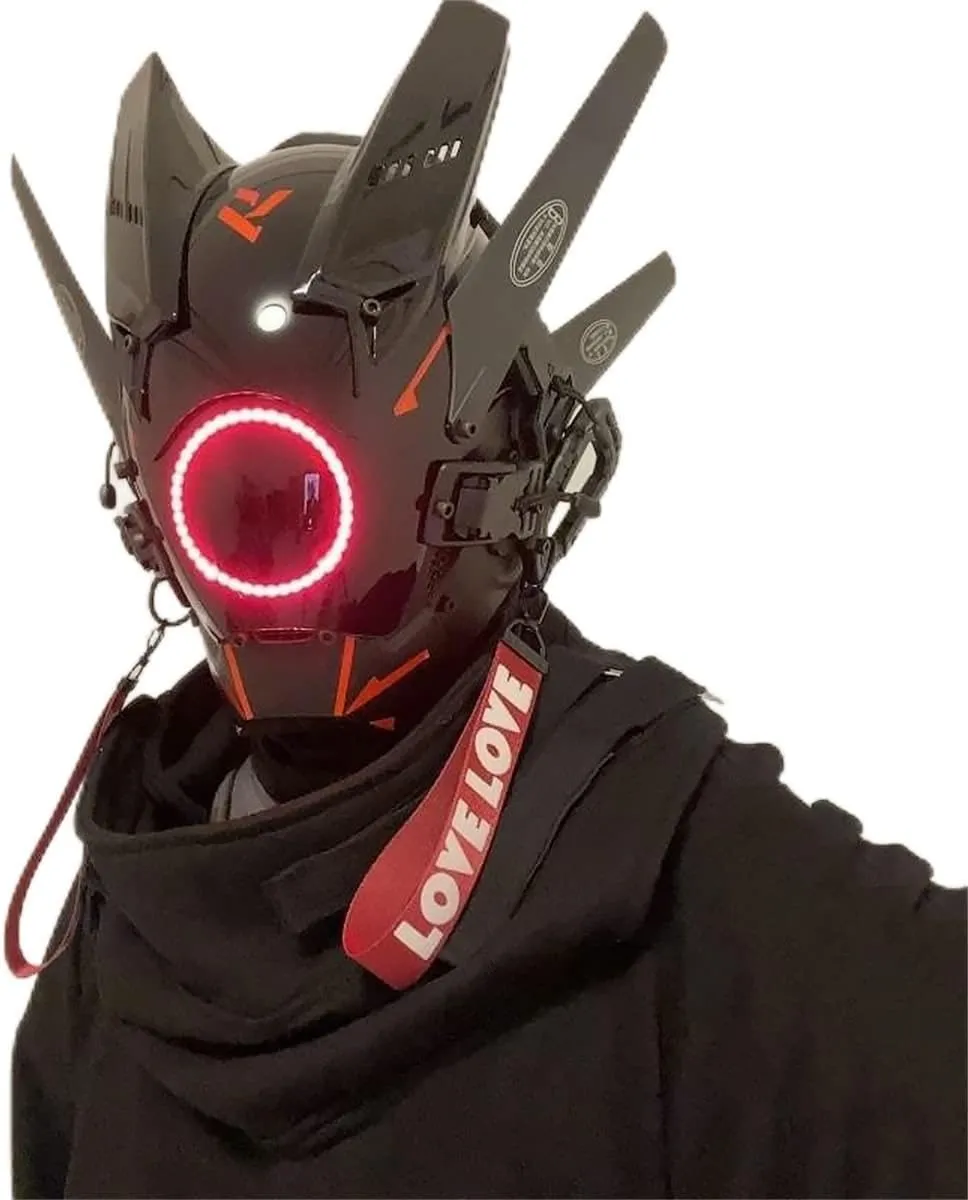 Futuristic Cyberpunk Techwear Helmet Cosplay Costume, Black & Red LED Face Mask for Halloween, Men, Women (B-H-C-M)