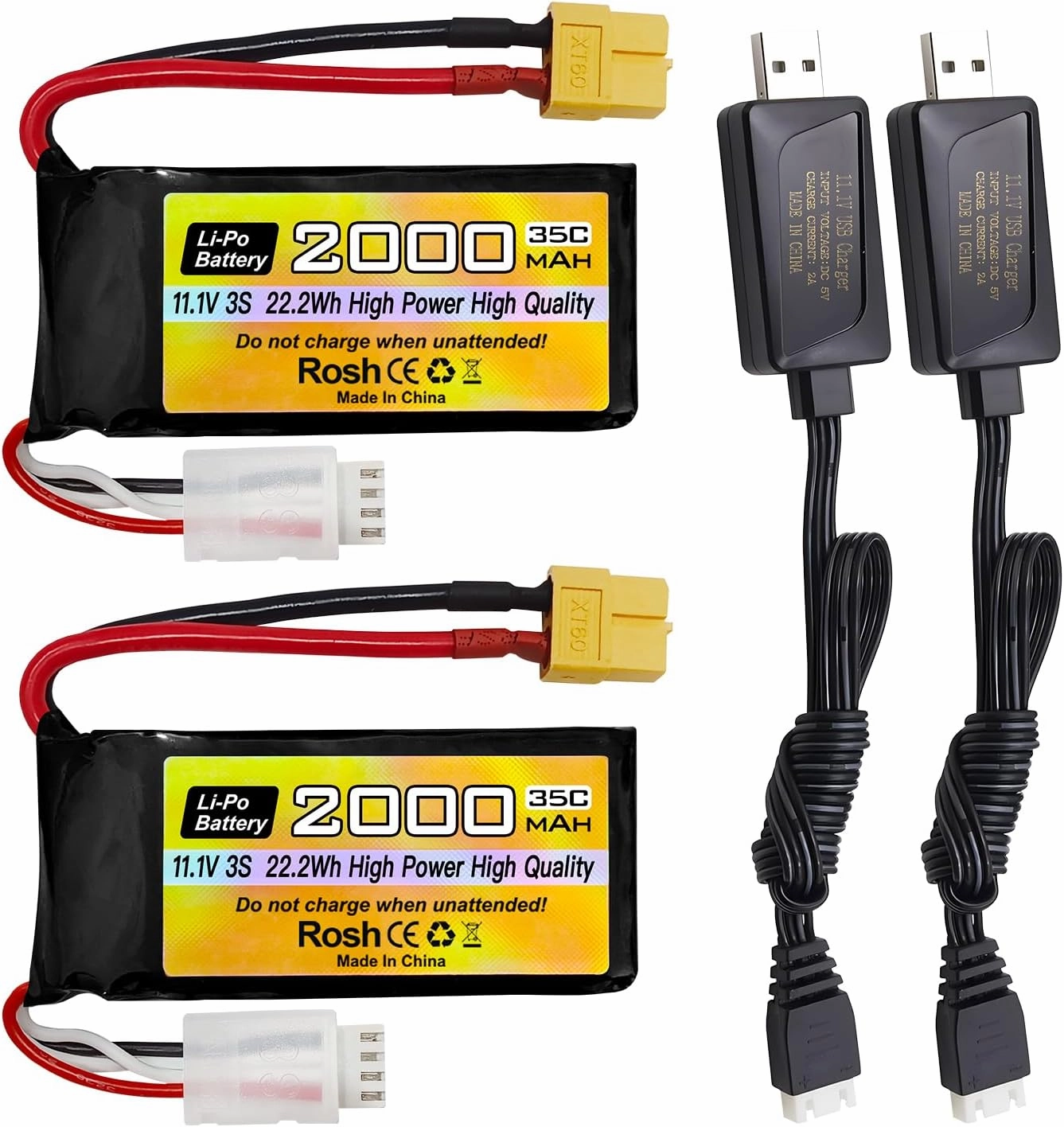 Fytoo 2PCS 3S Lipo Battery 11.1V 2000mAh 35C with XT60 Plug with USB Charging Cable for RC Car Truck RC Boat RC Drone Quadcopter Helicopter FPV Drone Battery