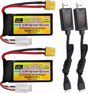 Fytoo 2PCS 3S Lipo Battery 11.1V 2000mAh 35C with XT60 Plug with USB Charging Cable for RC Car Truck RC Boat RC Drone Quadcopter Helicopter FPV Drone Battery