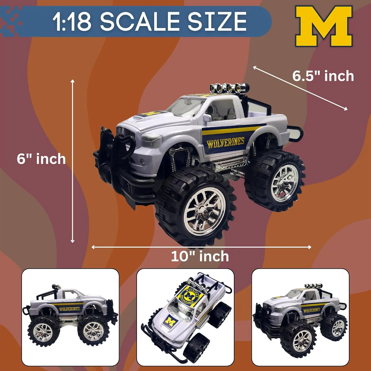 Game Day Outfitters Michigan Wolverines Monster Truck Push and Go, Friction Powered | Officially Licensed NCAA Logo Toy Truck 1:18 Scale Truck | for Fans, Boys, Kids