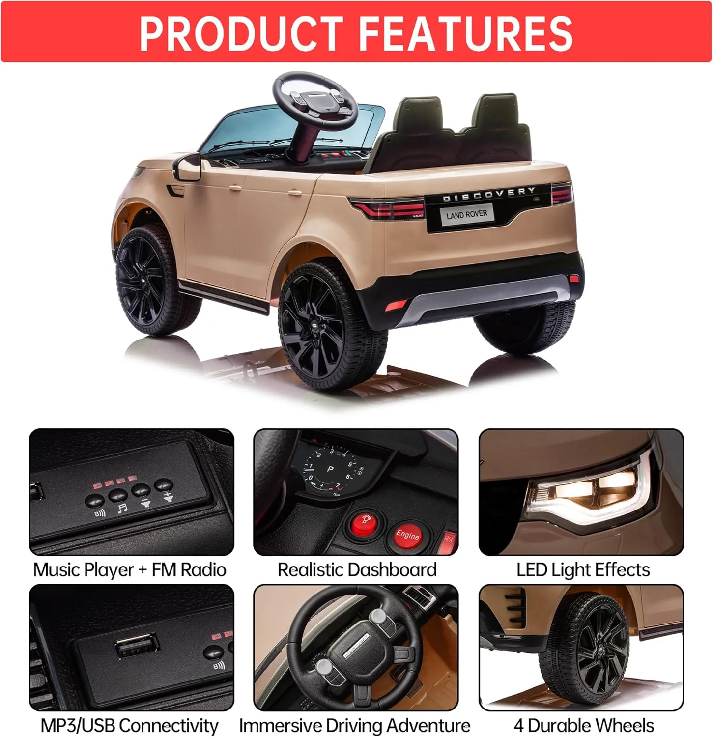 Garvee Kids Ride On Cars, Licensed Land Rover, 12V 4.5Ah Battery-Powered Electric Toy Car for Kids,2 Motors, 3 Speeds,Safety Belt, Lights & Music,Khaki