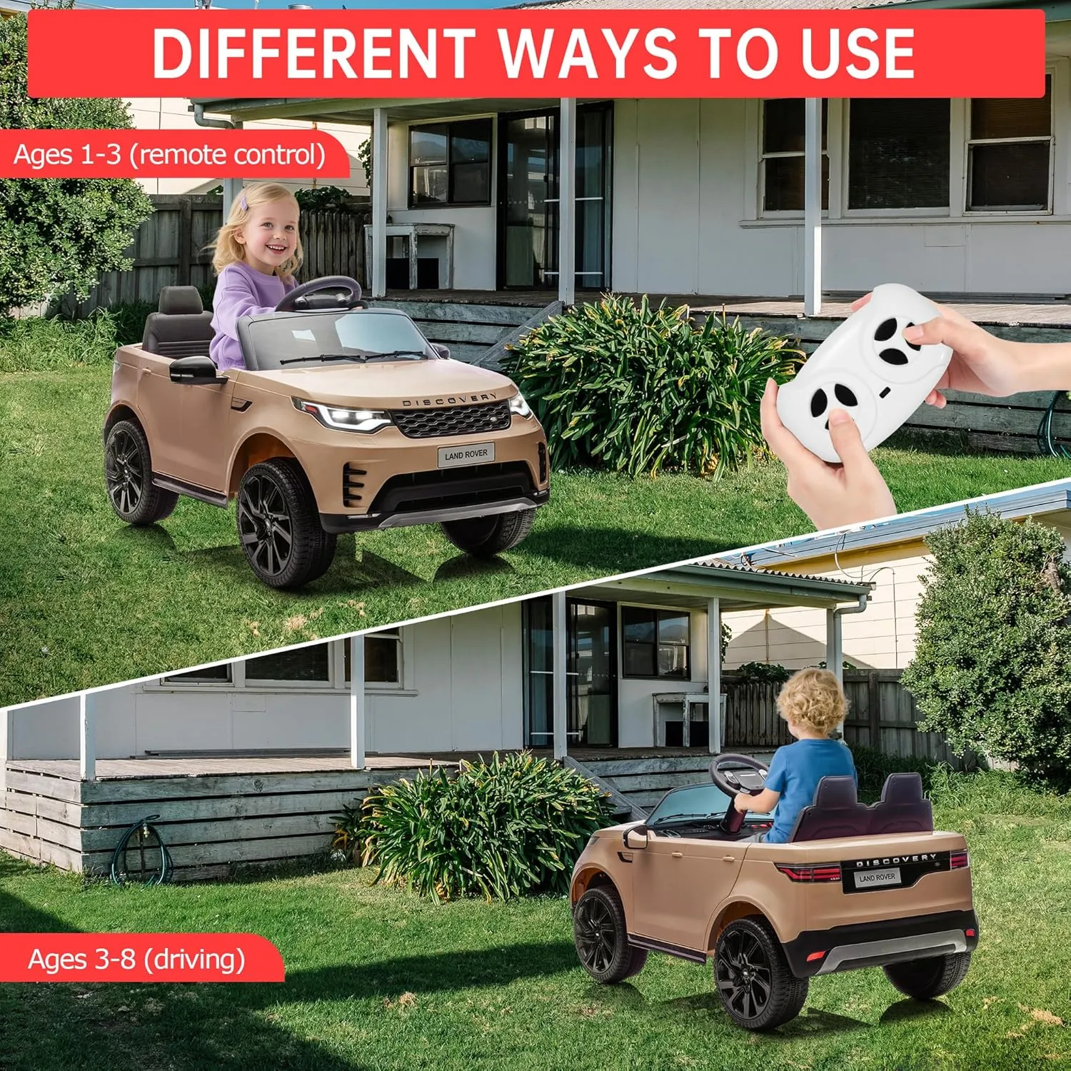 Garvee Kids Ride On Cars, Licensed Land Rover, 12V 4.5Ah Battery-Powered Electric Toy Car for Kids,2 Motors, 3 Speeds,Safety Belt, Lights & Music,Khaki