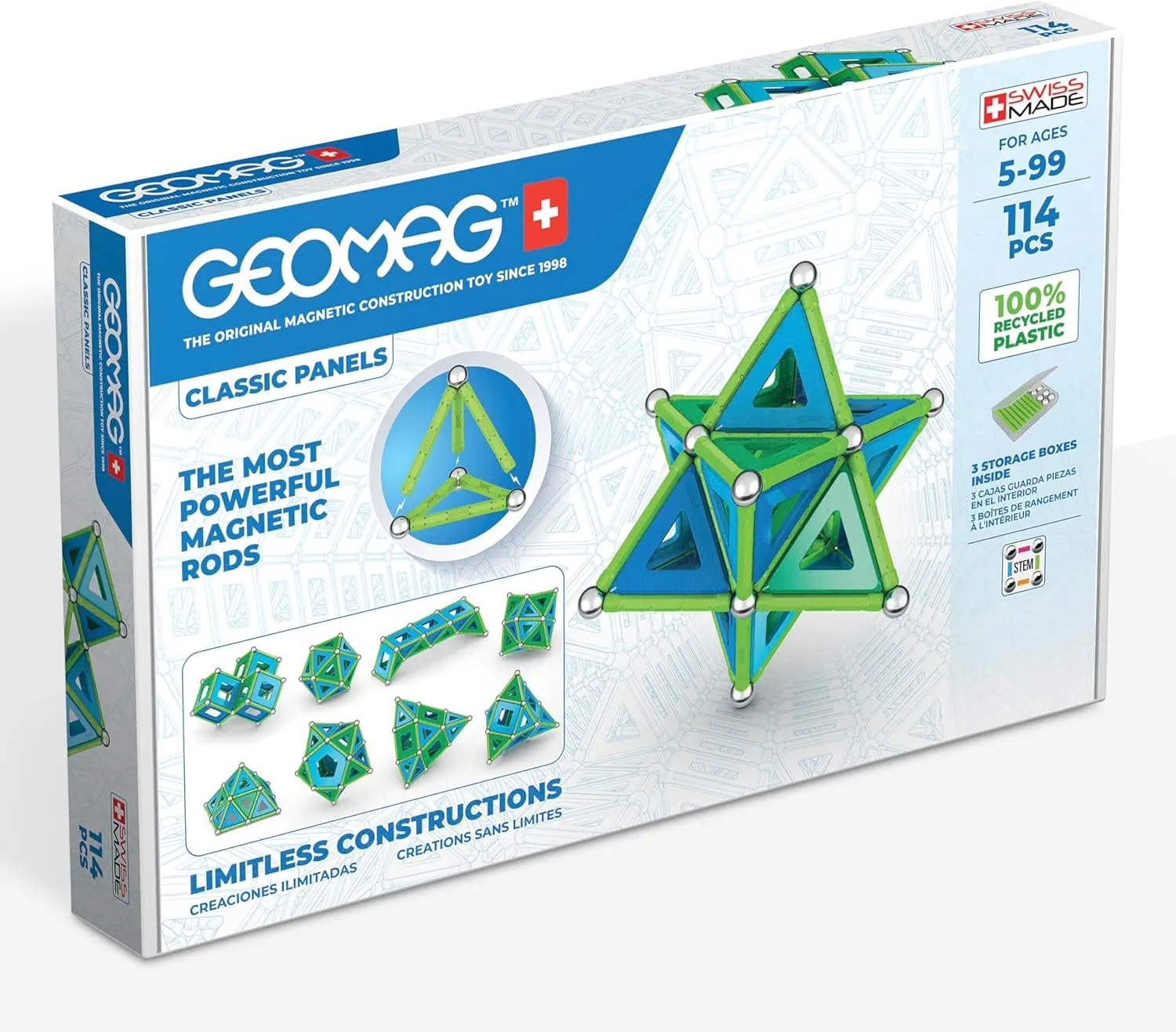 Geomag Classic Panels 114-pc Magnetic Construction Set for Kids Ages 5 and Up | Swiss-Made STEM Educational Toy Made from 100% Recycled Plastic | Screen-Free Activity