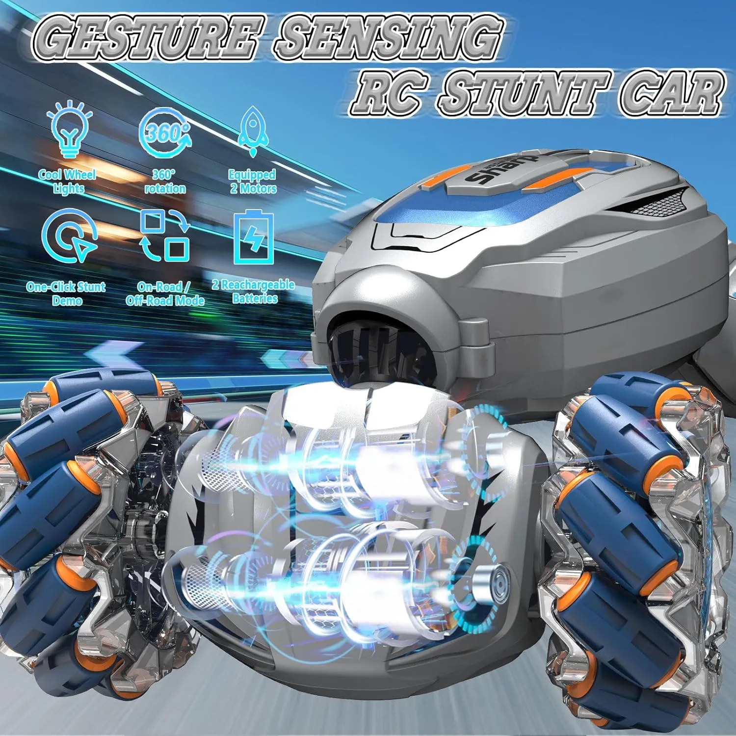 Gesture Sensing RC Stunt Car for Boys 8-12, 4WD Hand Controlled Remote Control RC Car Toys Gifts for Kids 6-8 8-13, 360° Rotating Transform Off Road w/Lights Music, Gray