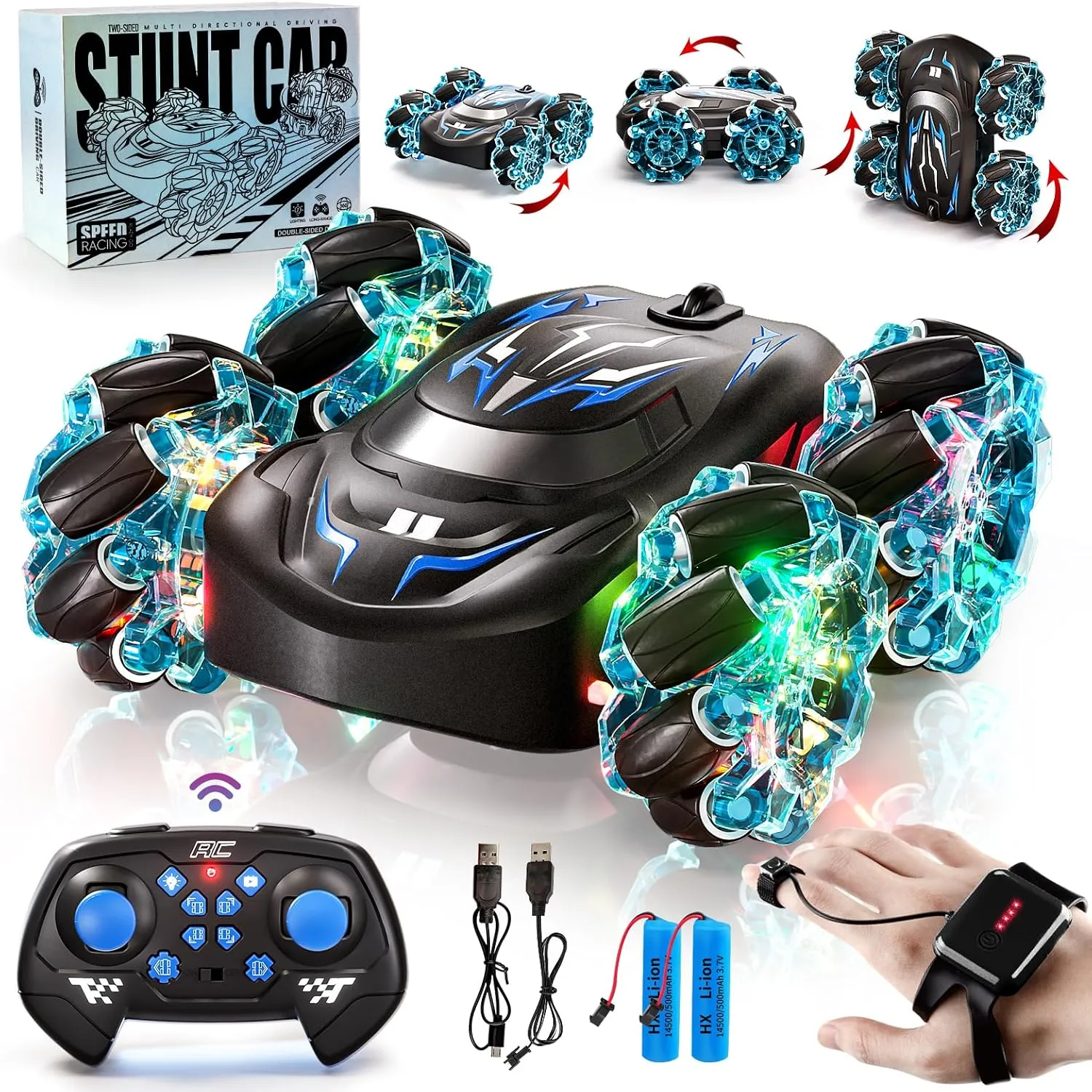Gesture Sensing RC Stunt Car with LED Lights, Double-Sided Flips Driving 360° Rotating, Sidesway, 2.4GHz 4WD Hand Controlled Remote Control Car for Boy 4-7, 8-12, Birthday Gift for Kids (Blue)