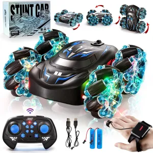 Gesture Sensing RC Stunt Car with LED Lights, Double-Sided Flips Driving 360° Rotating, Sidesway, 2.4GHz 4WD Hand Controlled Remote Control Car for Boy 4-7, 8-12, Birthday Gift for Kids (Blue)