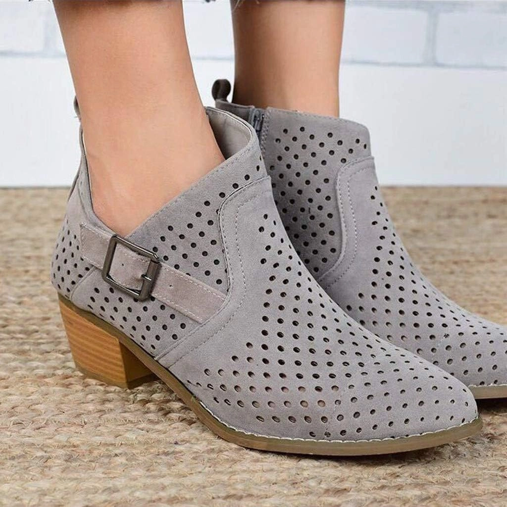 Gibobby Ankle Boots for Women Low Heel,Slip-On Loafers Pointed Toe Chunky Hollow Bucket Office Casual Shoes Cutout Booties