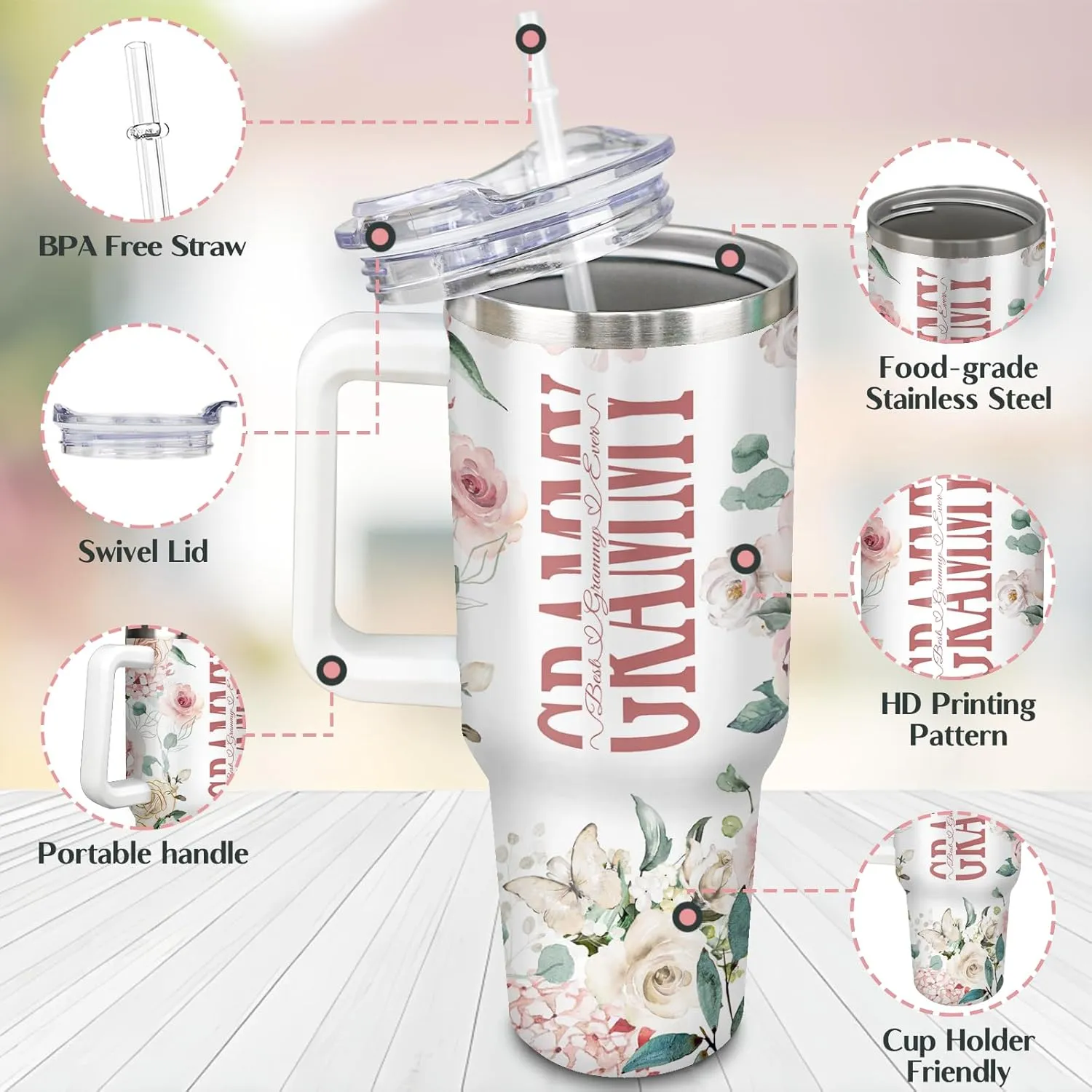 Gifts for Grammy Grandmother Gift from Grandson Granddaughter on Birthday Mothers Day&Christmas 40 oz Tumblers with Handle and Straw Stainless Steel Insulated Travel Coffee Cup Mug