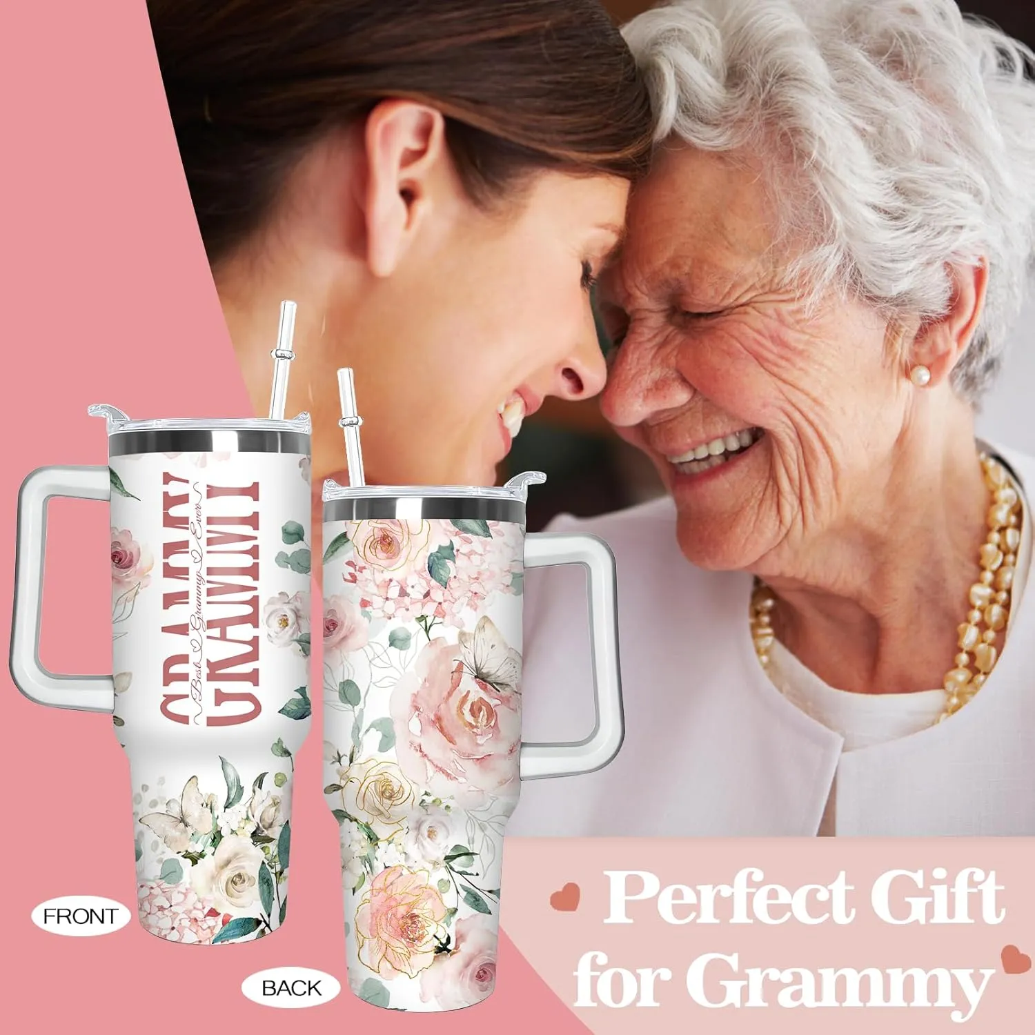 Gifts for Grammy Grandmother Gift from Grandson Granddaughter on Birthday Mothers Day&Christmas 40 oz Tumblers with Handle and Straw Stainless Steel Insulated Travel Coffee Cup Mug