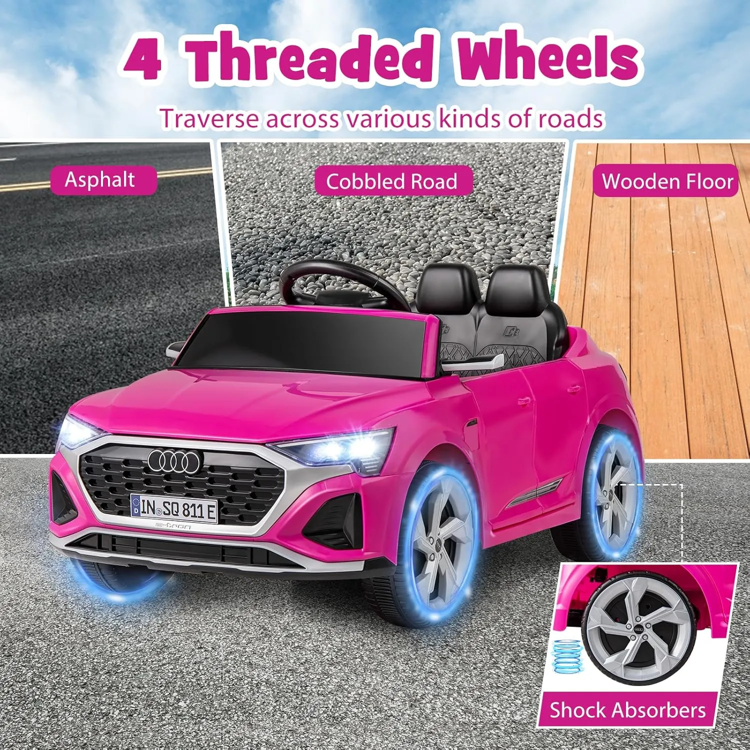 GLACER 12V Kids Car, Licensed Audi SQ8 Electric Vehicles w/Parental Remote, Spring Suspension, 3-Speed, Music, Soft Start, Headlight, Battery Powered Ride on Toys, Gift for Boys Girls Aged 3  (Pink)