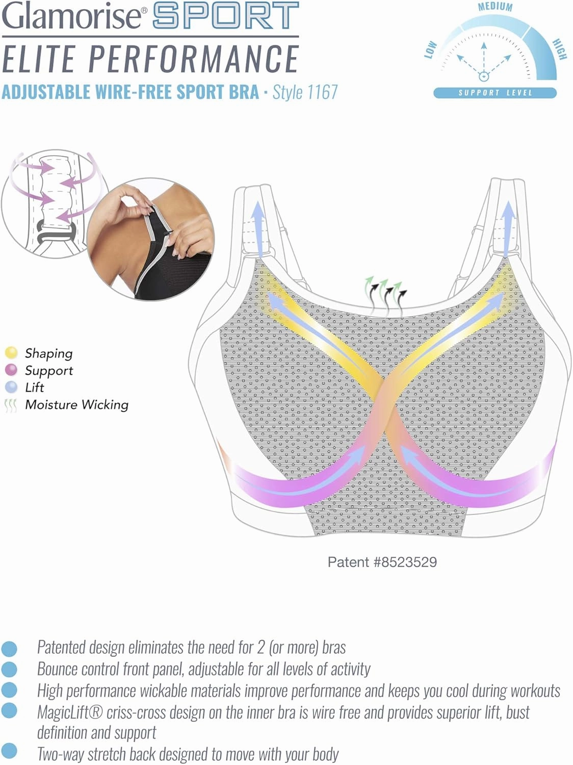Glamorise Women's Elite Performance Adjustable Wirefree Sport Bra #1167