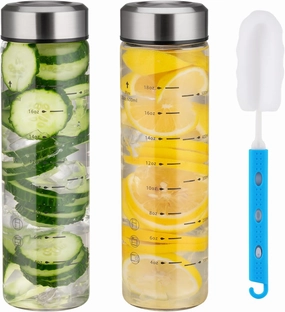 Glass Juice Bottles 20oz -2 Pack Mouth Water Bottles with Lids for Juicing Reusable Juice Bottles for Smoothie Beverage Storage BPA Free Leakproof Borosilicate