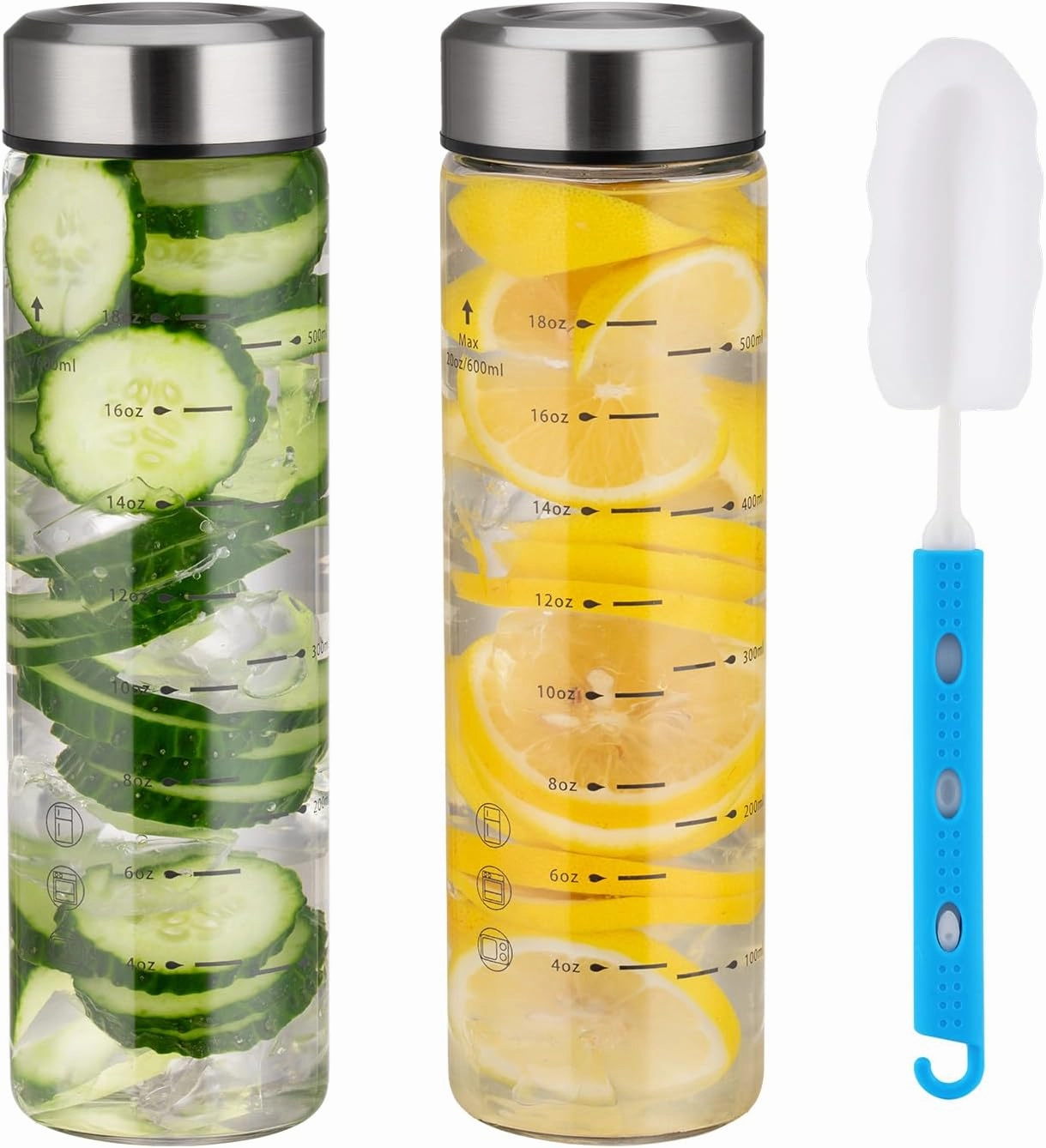 Glass Juice Bottles 20oz -2 Pack Mouth Water Bottles with Lids for Juicing Reusable Juice Bottles for Smoothie Beverage Storage BPA Free Leakproof Borosilicate