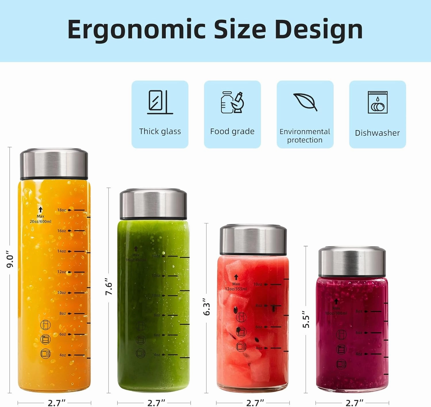 Glass Juice Bottles 20oz -2 Pack Mouth Water Bottles with Lids for Juicing Reusable Juice Bottles for Smoothie Beverage Storage BPA Free Leakproof Borosilicate
