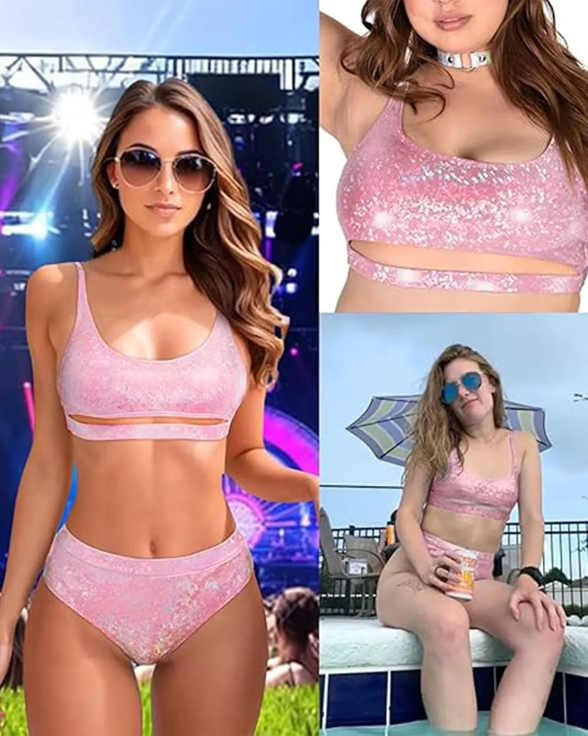 Glitter Rave Outfits for Women - Music Festival Metallic EDM Holographic Swimsuit Sexy Underboob Top Dance Bottom
