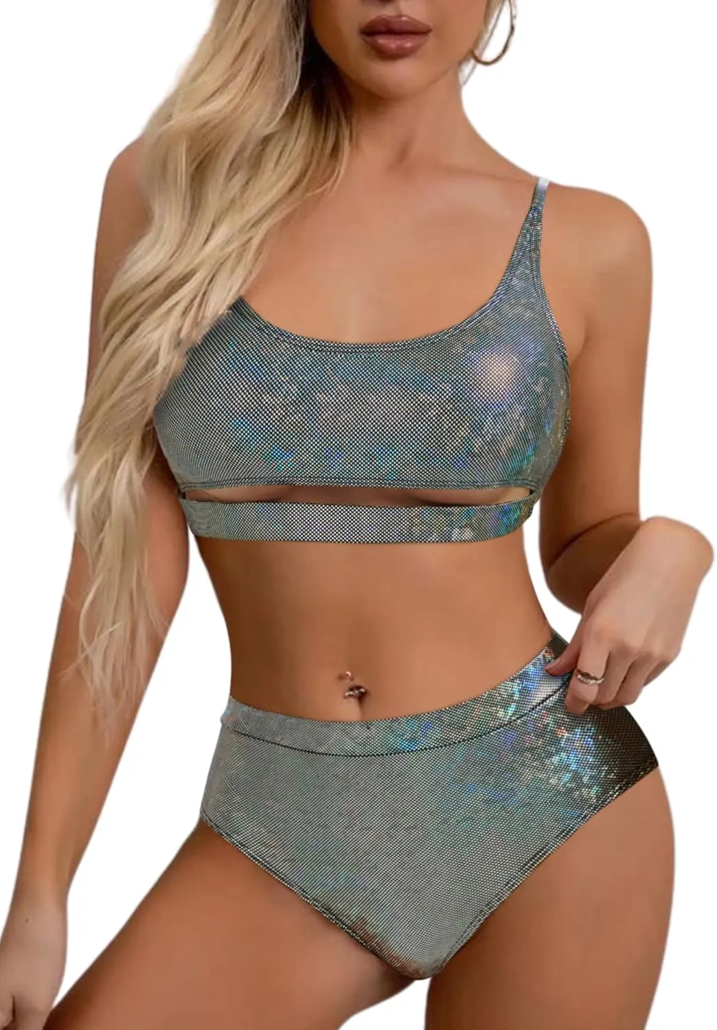Glitter Rave Outfits for Women - Music Festival Metallic EDM Holographic Swimsuit Sexy Underboob Top Dance Bottom