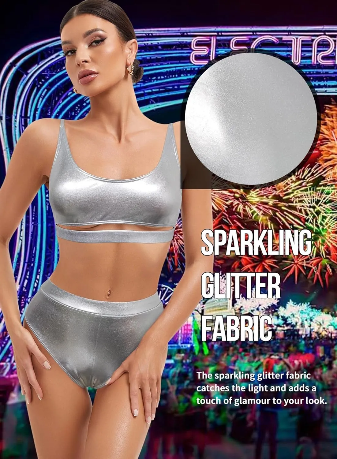 Glitter Rave Outfits for Women - Music Festival Metallic EDM Holographic Swimsuit Sexy Underboob Top Dance Bottom