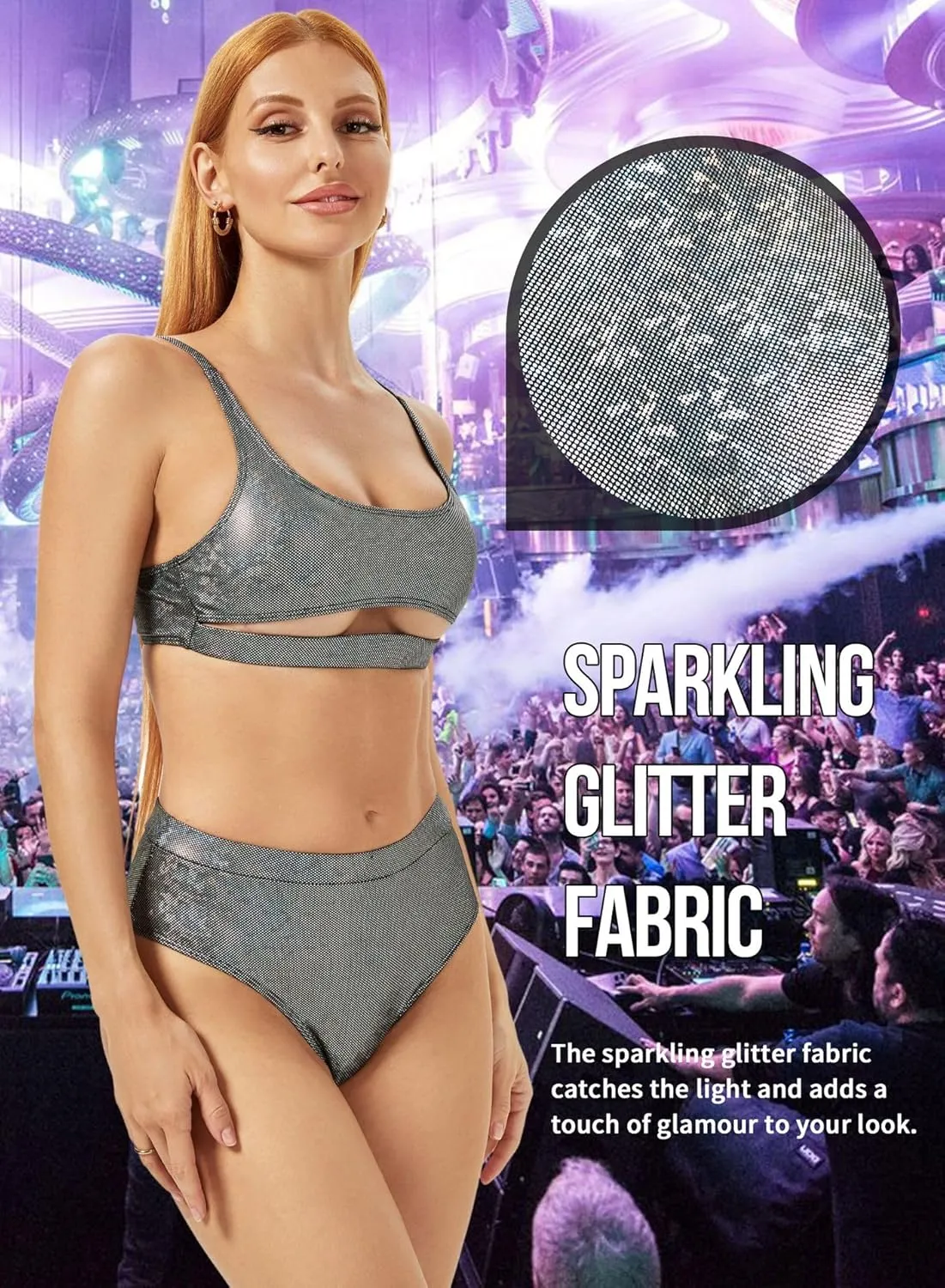 Glitter Rave Outfits for Women - Music Festival Metallic EDM Holographic Swimsuit Sexy Underboob Top Dance Bottom
