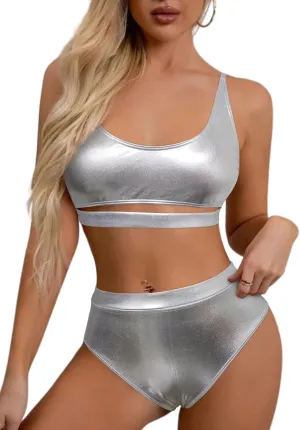 Glitter Rave Outfits for Women - Music Festival Metallic EDM Holographic Swimsuit Sexy Underboob Top Dance Bottom