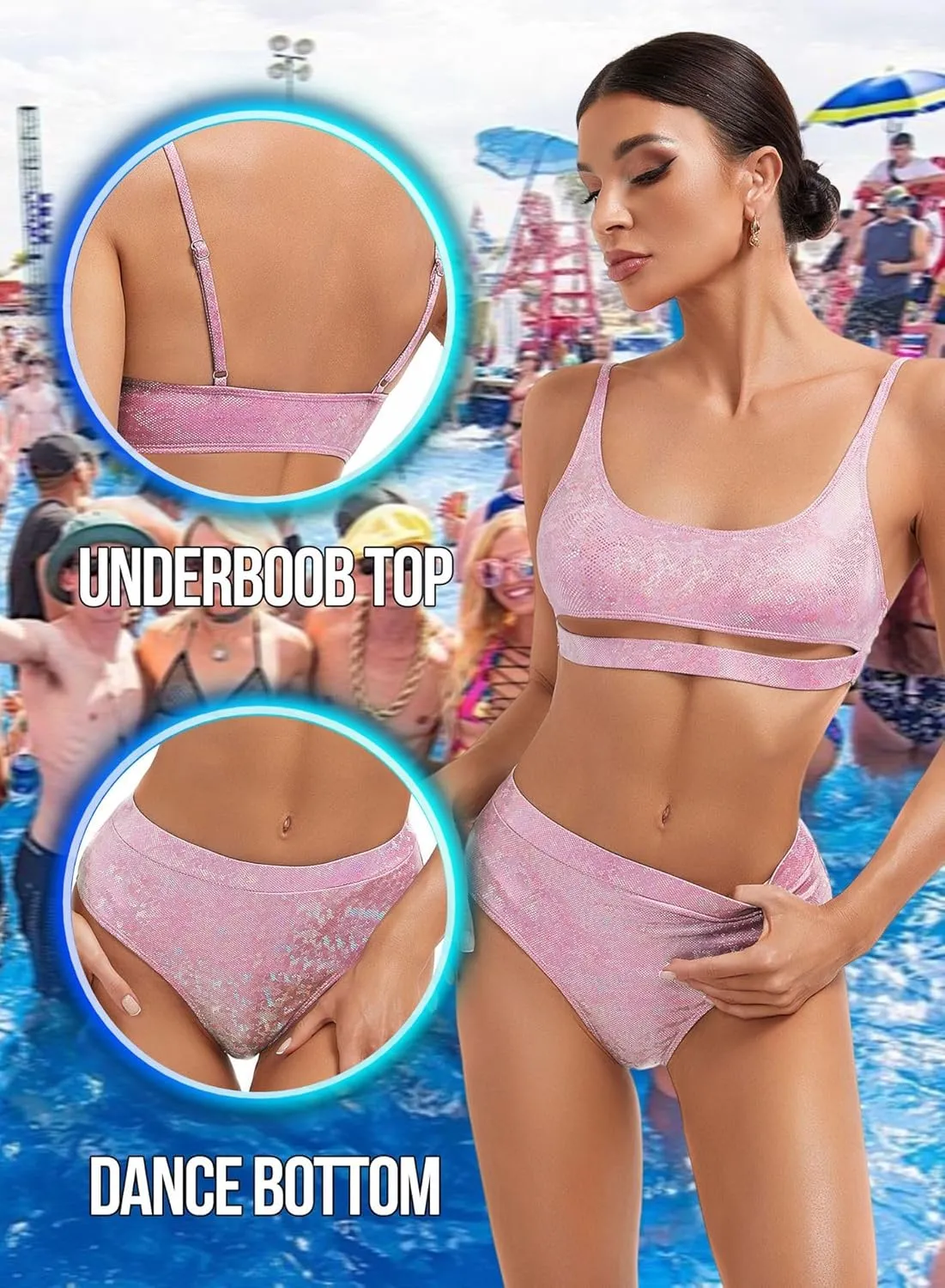 Glitter Rave Outfits for Women - Music Festival Metallic EDM Holographic Swimsuit Sexy Underboob Top Dance Bottom