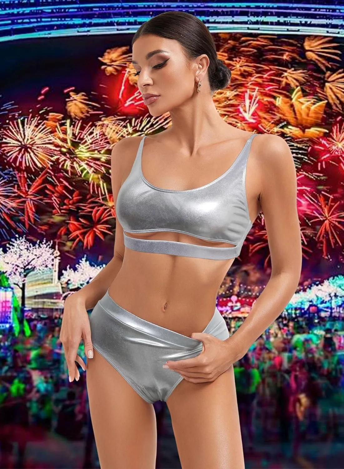 Glitter Rave Outfits for Women - Music Festival Metallic EDM Holographic Swimsuit Sexy Underboob Top Dance Bottom