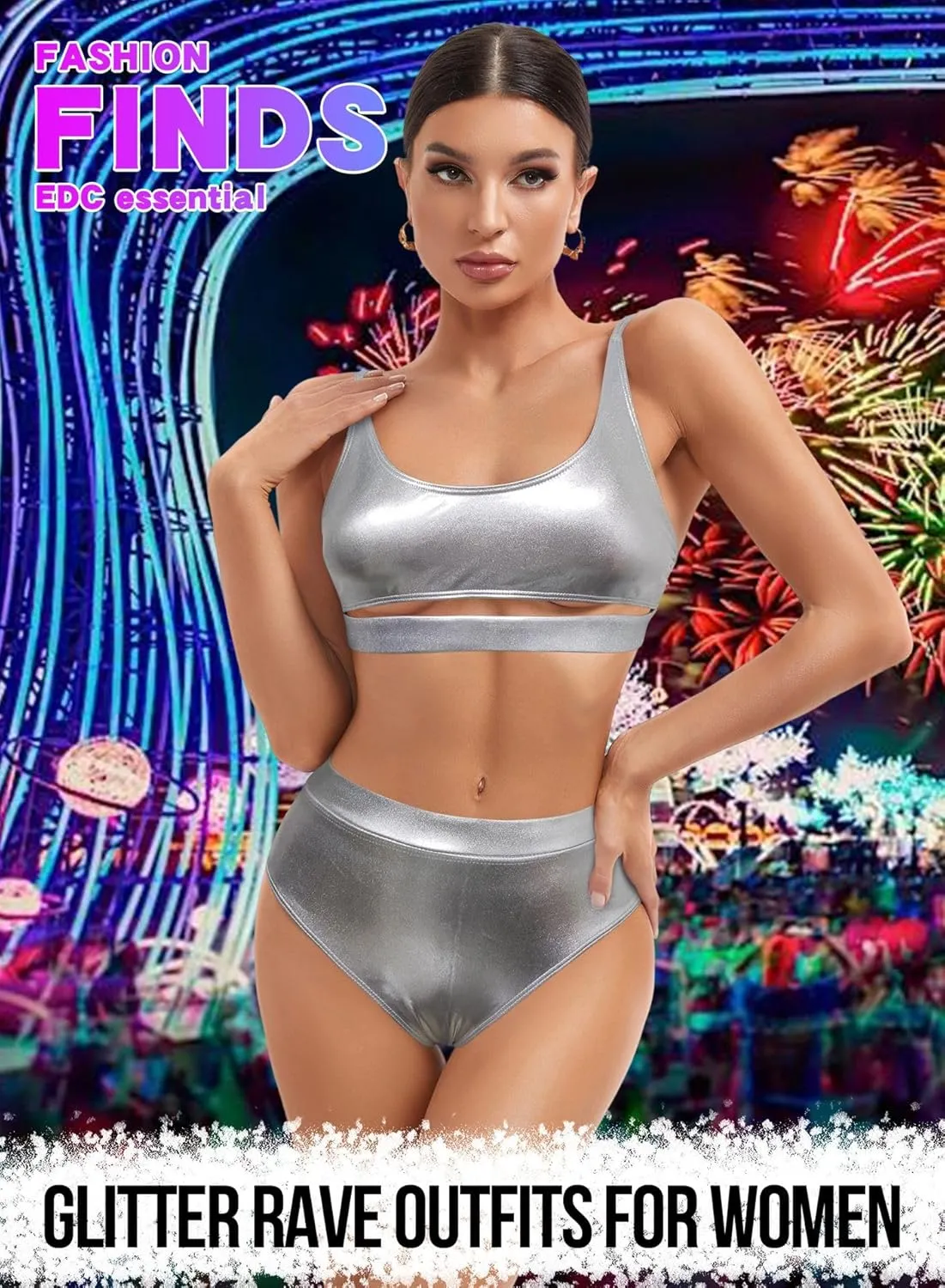 Glitter Rave Outfits for Women - Music Festival Metallic EDM Holographic Swimsuit Sexy Underboob Top Dance Bottom