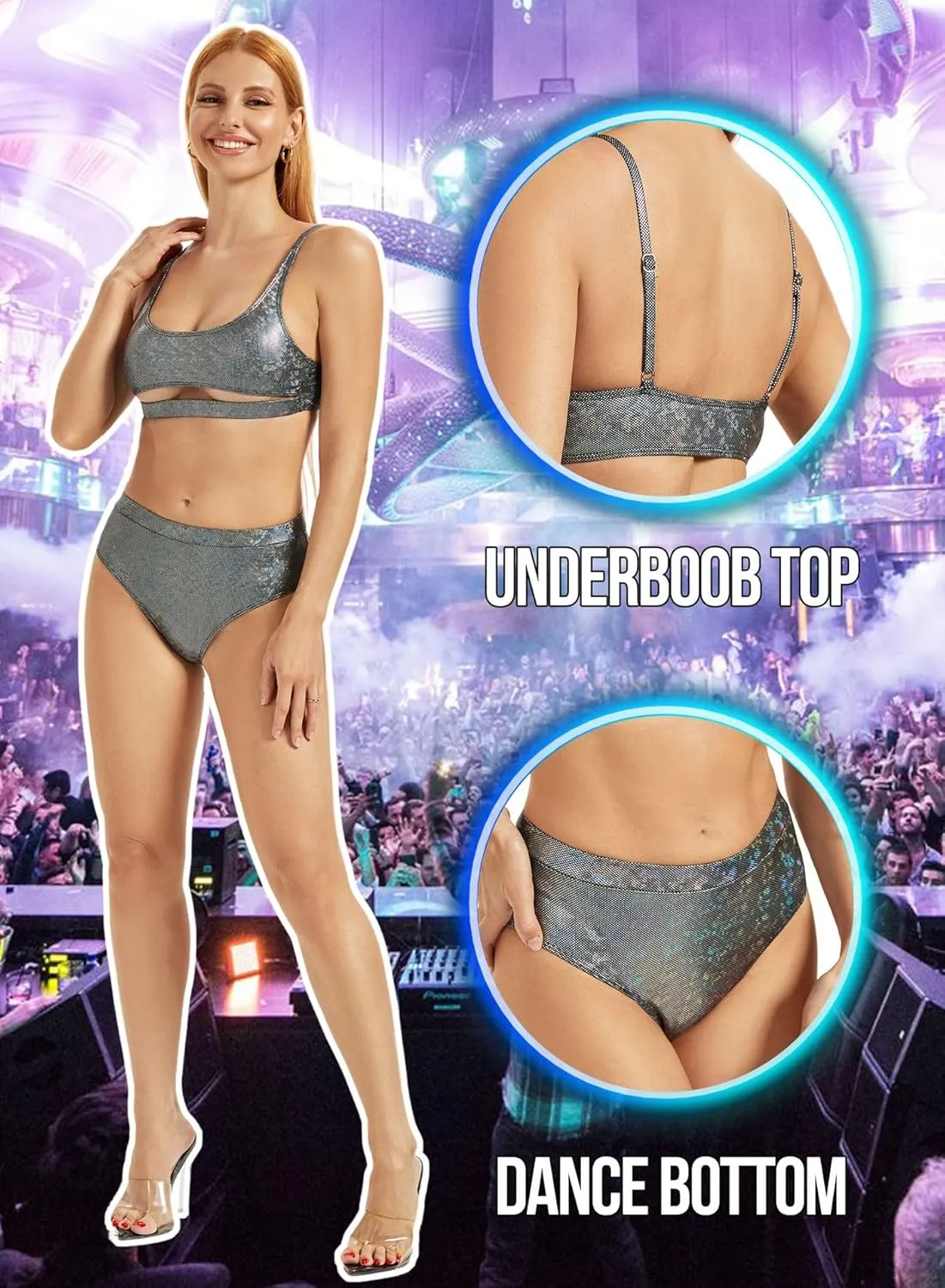 Glitter Rave Outfits for Women - Music Festival Metallic EDM Holographic Swimsuit Sexy Underboob Top Dance Bottom