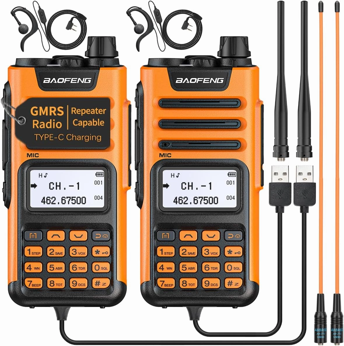 GM-15 Pro 8W GMRS Radio,Long Range Two Way Radio Rechargeable,NOAA Weather Receiver and Scan Radio with Extra AR-771 Antenna USB-C Charger Cable Headsets
