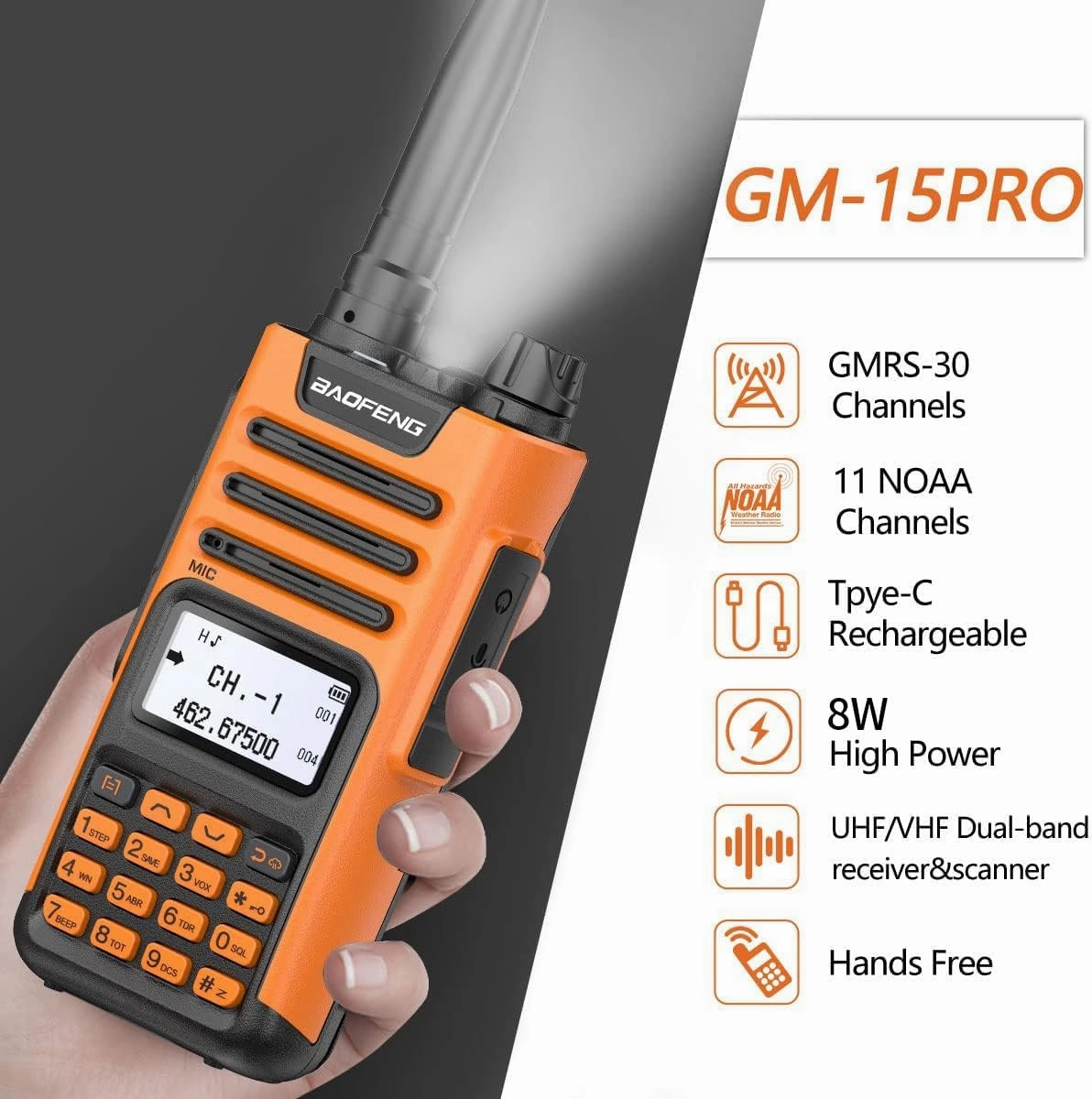 GM-15 Pro 8W GMRS Radio,Long Range Two Way Radio Rechargeable,NOAA Weather Receiver and Scan Radio with Extra AR-771 Antenna USB-C Charger Cable Headsets