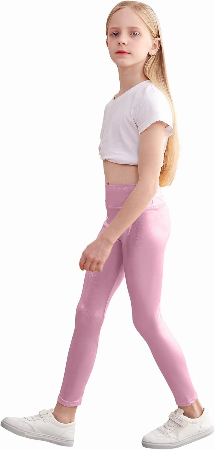 Gnainach Girls Metallic Leggings High Waisted Kids Yoga Pants Stretch Shiny Running Dance Tights for Teen School Workout