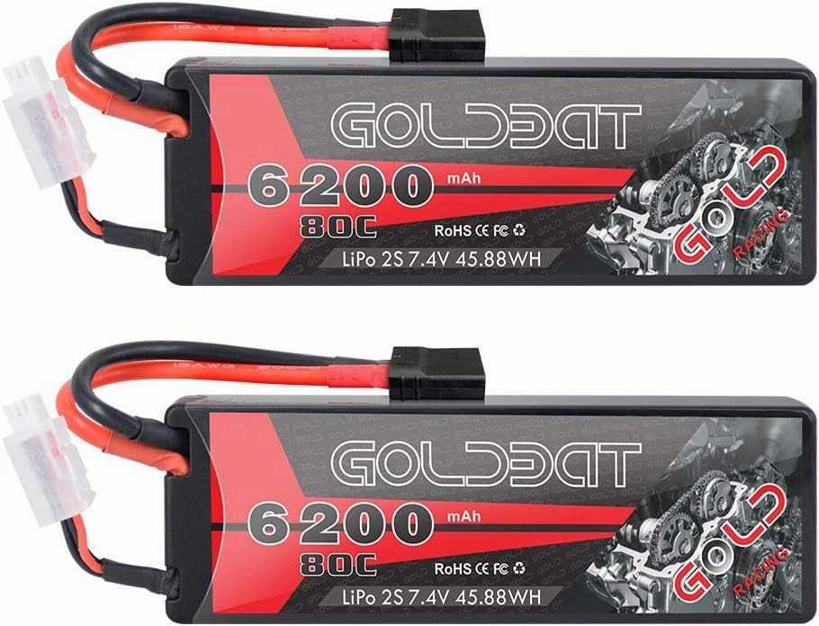 GOLDBAT 6200mAh 2S 80C 7.4V RC LiPo Battery Pack Hard Case with TR Connector for RC Vehicles Car Truck Truggy (2 Packs)