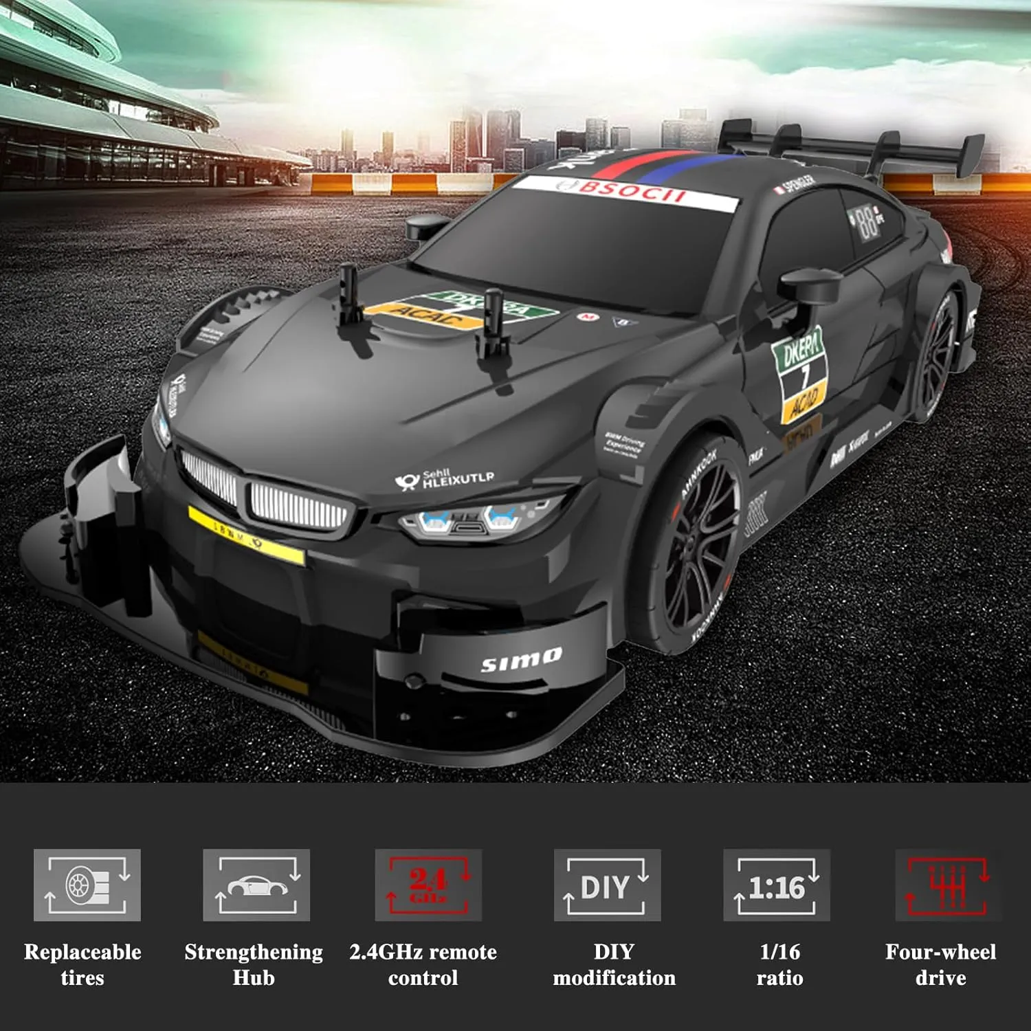 GoolRC RC Drift Car, 1:16 Scale Remote Control Car, 4WD 40KM/H High Speed RC Racing Car, 2.4GHz Electric Sport Driftings with Headlight, Drifting Tires and Racing Tires for Adults (Black)