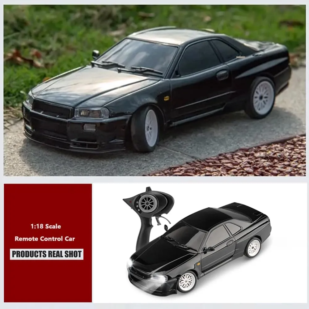 GoolRC Remote Control Car, 1:18 Scale RWD RC Drift Car, 2.4GHz Drifting Racing Vehicle with Gyro, LED Lights, Rechargeable Battery, Full Proportional Alloy Body Shell for Kids Adults (Black)