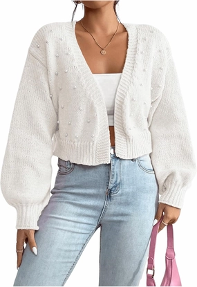 GORGLITTER Women's Faux Pearl Cute Cropped Cardigan Sweater Knit Open Front Drop Shoulder Outwear