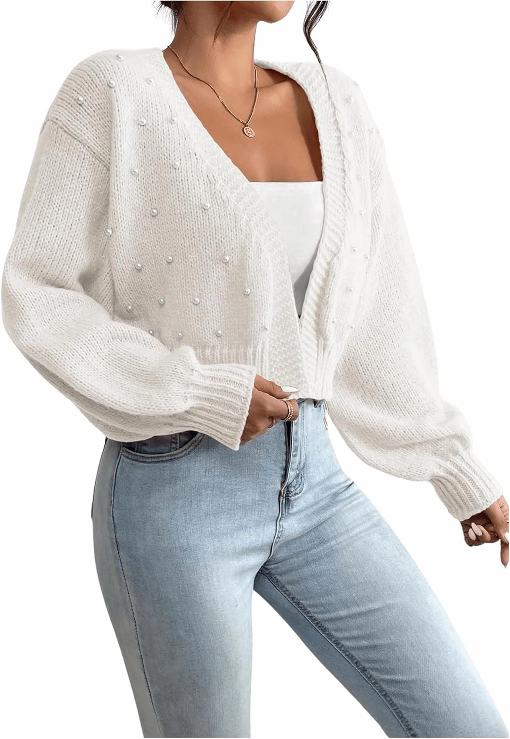 GORGLITTER Women's Faux Pearl Cute Cropped Cardigan Sweater Knit Open Front Drop Shoulder Outwear