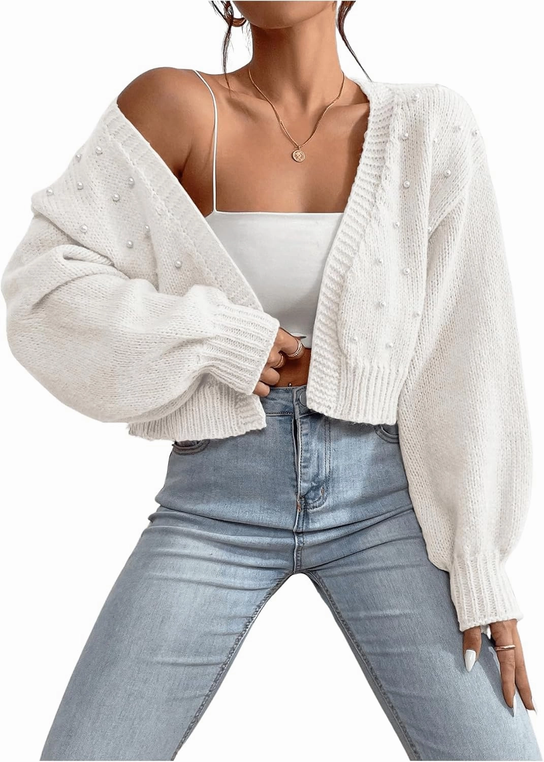 GORGLITTER Women's Faux Pearl Cute Cropped Cardigan Sweater Knit Open Front Drop Shoulder Outwear