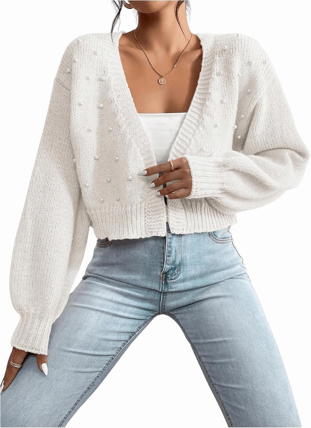 GORGLITTER Women's Faux Pearl Cute Cropped Cardigan Sweater Knit Open Front Drop Shoulder Outwear