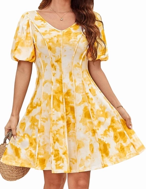 GRACE KARIN Womens Dresses Summer 2025 Floral Pleated Short Sleeve V Neck Casual Party Beach Wedding Guest A Line Flare Dress
