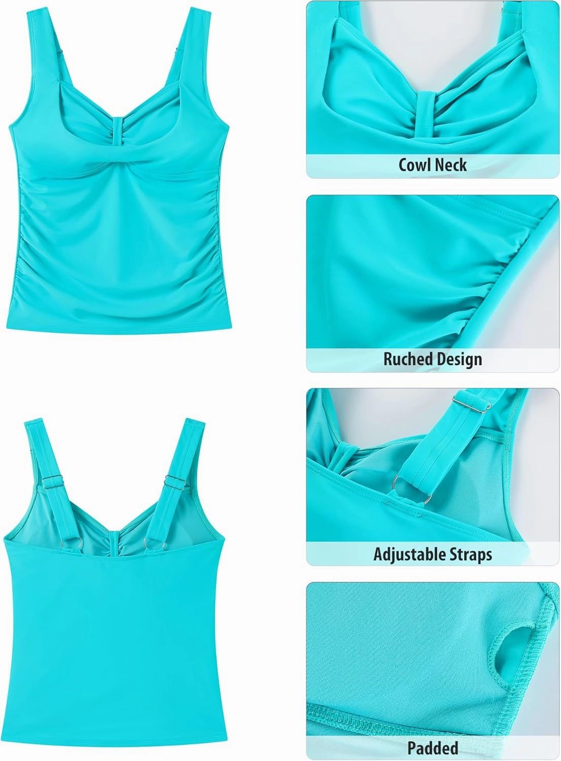 GRAPENT Tankini Tops for Women Modest Swimsuits Ruched Beach Padded Adjustable Strap Swimwear Bathing Suit Swim Top Only