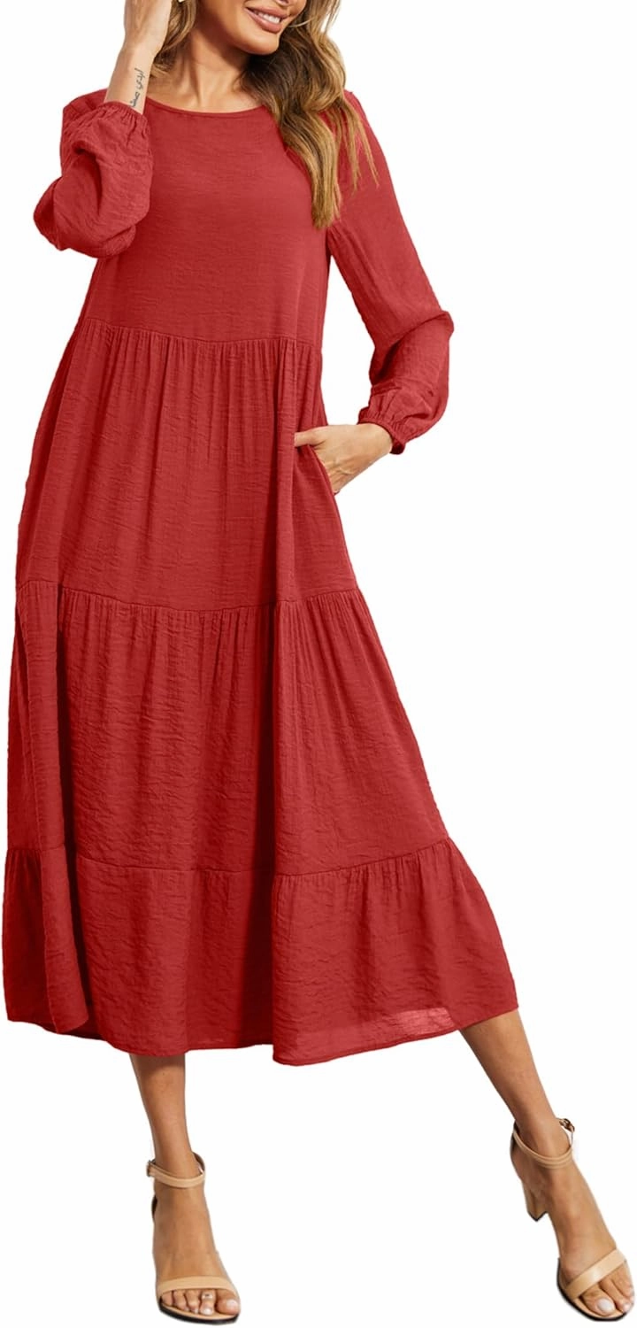 Halife Women's Summer Casual Maxi Dresses Flowy Ruffle Boho Long Dresses with Pockets