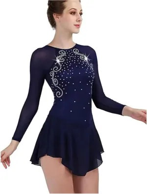 Handmade Ice Figure Skating Dress Long Sleeve Ballet Competition Clothing Crystal Skating Performance Skirt