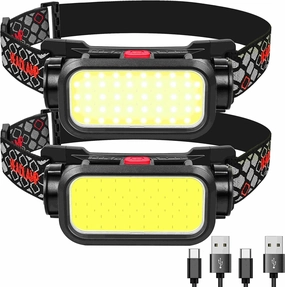 Headlamp Rechargeable, 800 Lumens Wide Beam Led Headlamp, Lightweight Hard Hat Light, 4 Modes Lightbar Head lamp, Outdoor Waterproof Headlamps Flashlight for Camping, Fishing, Cycling (2 Packs)