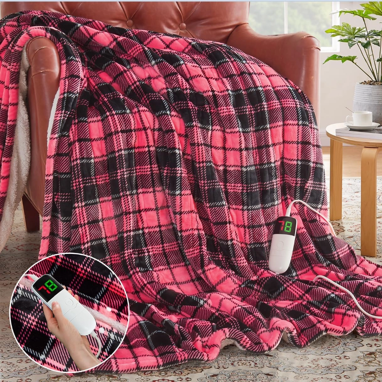 Heated Blanket Electric Throw, 50X60, Heating Throw with 10 Heating Levels & 8 Hours Auto Off, Pink Plaid Checkered Sherpa Blanket Warmer for Adults, Couch Bed Office Use, Fast Heating Washable, ETL
