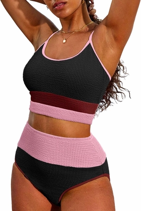 Herseas Women 2 Piece Bikini Set High Waisted Color Block Swimsuit 2025 Summer Beach Scrunch Ribbed Bathing Suit