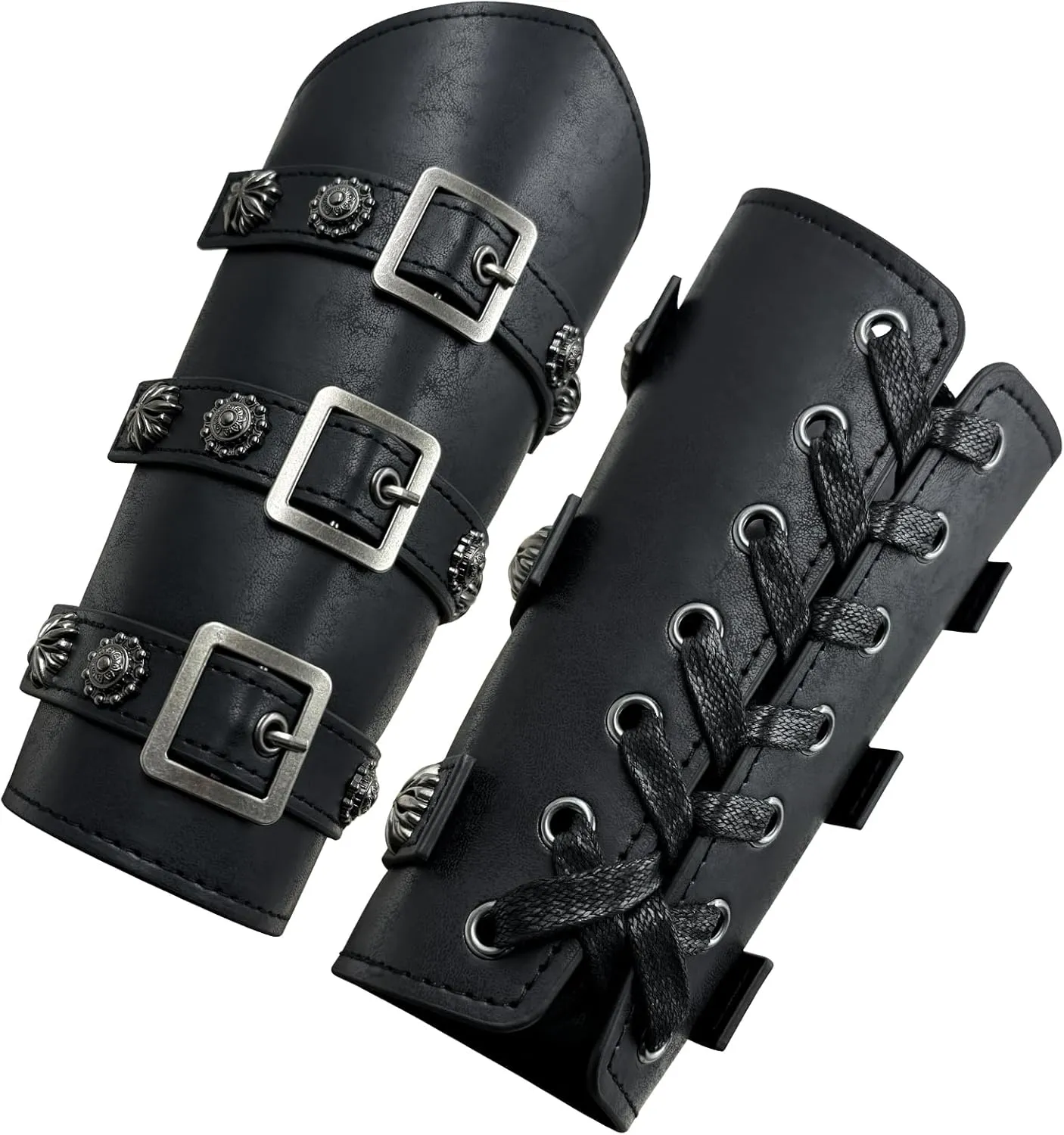 HiiFeuer Medieval PU Leather Buckle Arm Bracers, Knight LARP Retro Renaissance Arm Guards, One Size One Pair