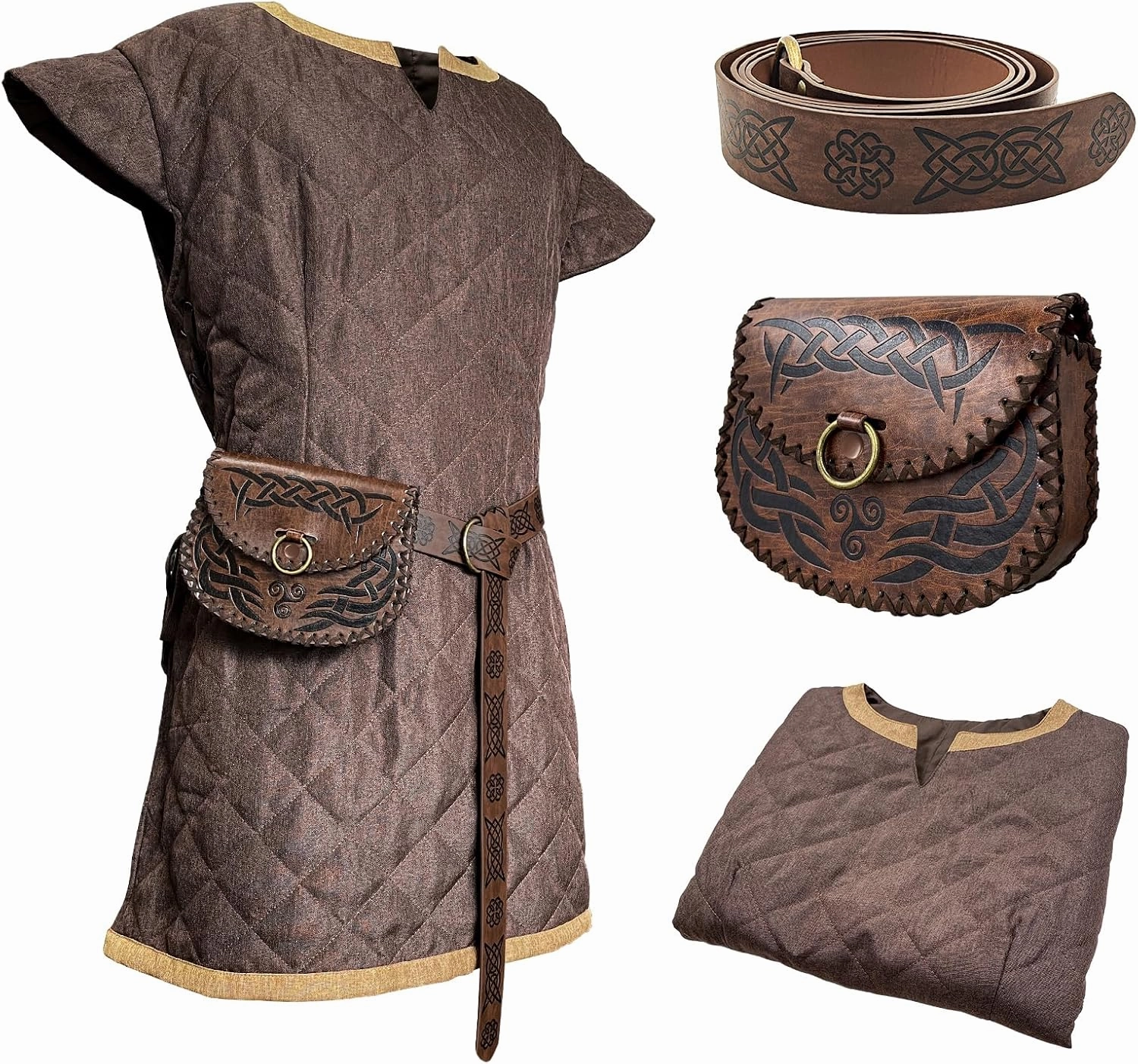 HiiFeuer Medieval Costume Tunic, With Vintage Belt and Bag, Mercenary Knight Body Cloth Armor, Renaissance LARP Cosplay Set
