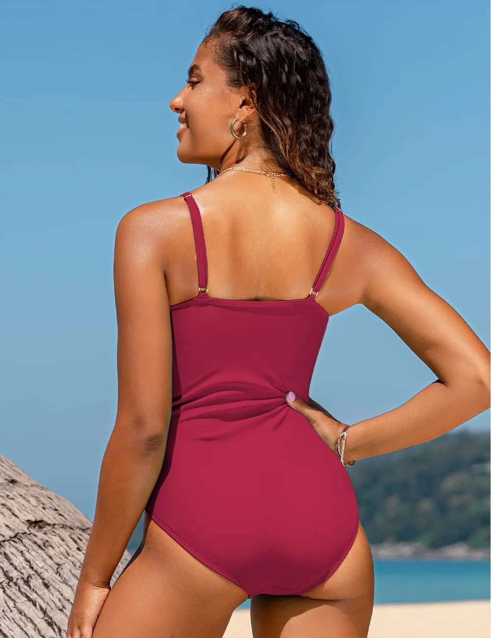 Hilor Women's One Piece Swimsuits Front Twist Swimwear V Neck Shirred Bathing Suit Monokini Tummy Control