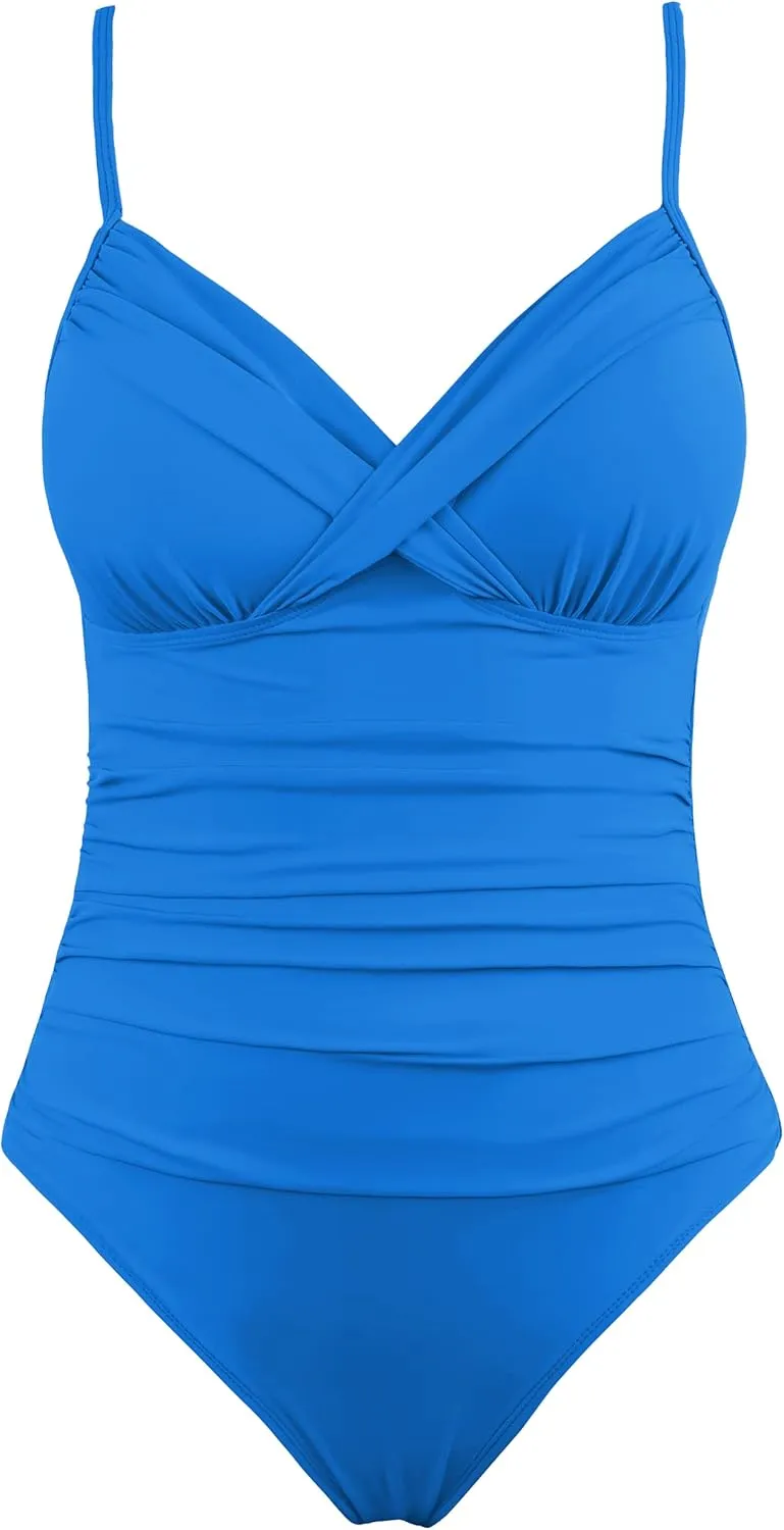 Hilor Women's One Piece Swimsuits Front Twist Swimwear V Neck Shirred Bathing Suit Monokini Tummy Control